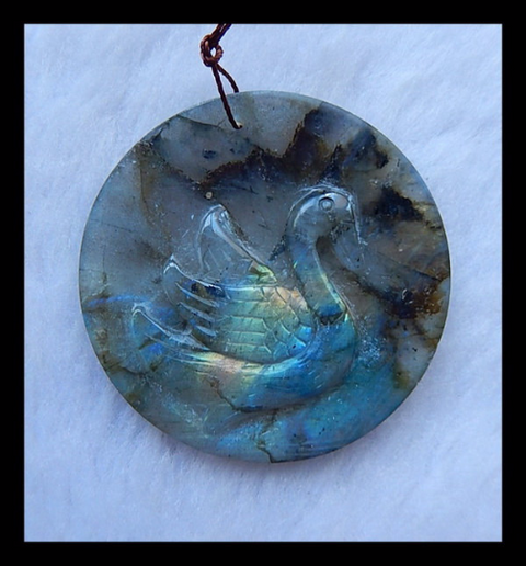 New Design, Hand Carved Labradorite Swan Gemstone Pendant Bead, 50x5mm, 20.9g - MyGemGarden