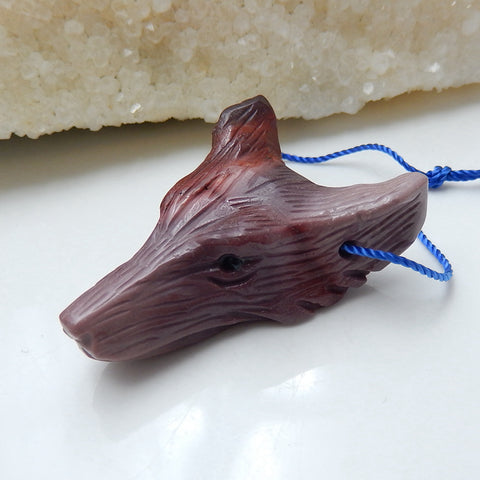 Handmade Mookaite Jasper Carved Wolf Head Pendant Bead, 40x29x13mm, 15.5g - MyGemGarden