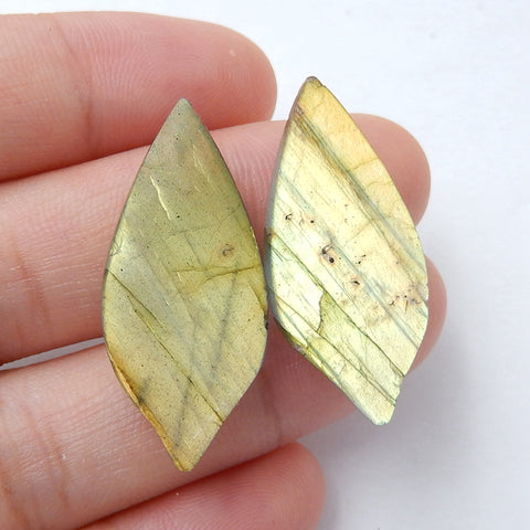 Hand Carved Natural Labradorite Leaf Gemstone Cabochon Pair, 30x13x4mm, 4.6g - MyGemGarden