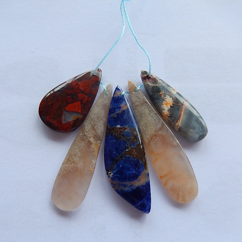 5 pcs Natural Warring States Agate, African Sodalite, Indonese Fossil And Picasso Jasper pendants Beads41x10x3mm 25x15x4mm 10.5g - MyGemGarden