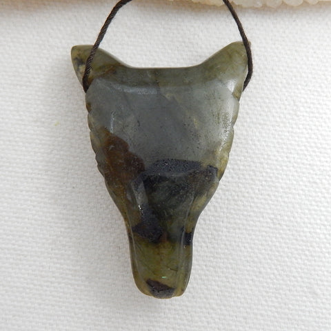 Handmade Labradorite Carved Wolf Head Pendant Bead, 52x36x17mm, 28.4g - MyGemGarden