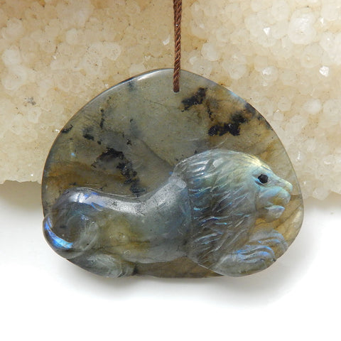 Handmade Carved Lion Labradorite Gemstone Pendant, 47x37x10mm, 21g - MyGemGarden