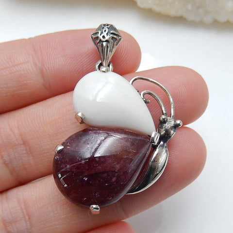 New Arrival!!! Sterling Silver 925 Tourmaline And White Agate Necklace Pendant, 28x21x9mm, 8.7g(f0782) - MyGemGarden