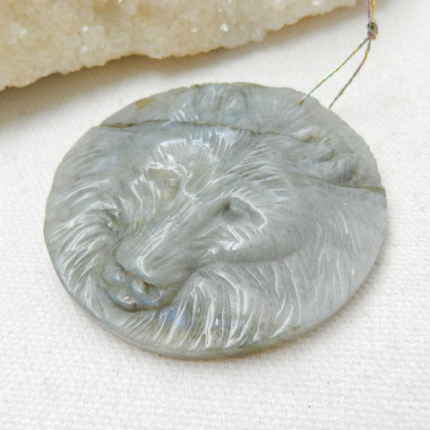 Handmade Carved Lion head Labradorite Gemstone Pendant, 55x7mm, 36.9g - MyGemGarden