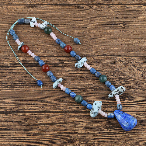 Lapis lazuill Gemstone Necklaces, containt Round Red Agate,pink opal,Larimar and Ocean Jasper Gemstone jewelly,45cm,90g