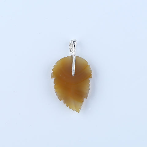 Natural Agate Carved Leaf Pendant with 925 Sterling Silver Pinch Bail 47x26x6mm, 7.8g