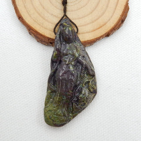 Dragons Blood Jasper Carved Guanyin Pendant Bead, 56x26x7mm, 16.9g - MyGemGarden