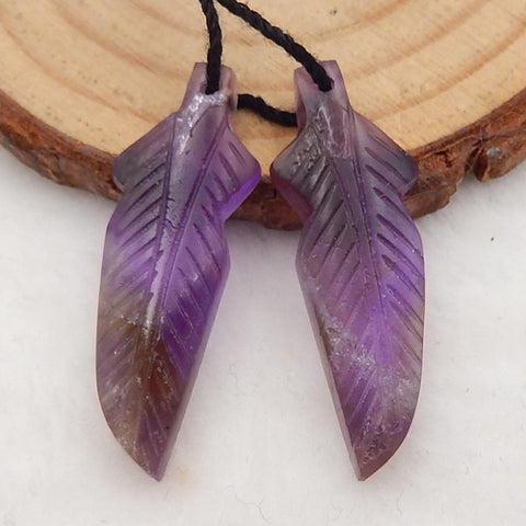 Carved Amethyst Feather Shaped Earrings Stone Pair, 31x11x4mm, 3.9g