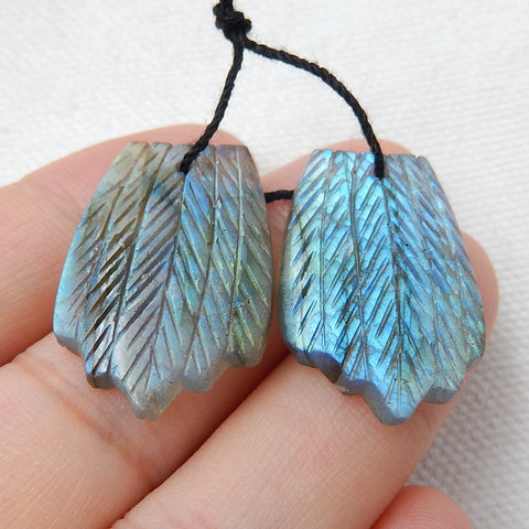 Labradorite Carved Feather Earrings Pair, Handcarved Gemstone Feather Dangle Earrings, 26x17x4mm, 6.5g - MyGemGarden