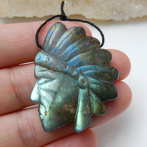 High Quality Shining Labradorite Hand-Carved Indian head Pendant, 38x30x6mm, 12.1g - MyGemGarden