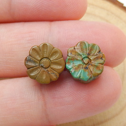 2 pcs Turquoise Carved Flowers Cabochon Pairs, 10x6mm, 2.2g - MyGemGarden