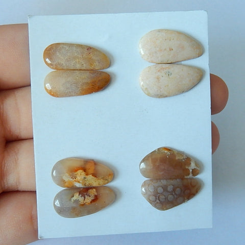 4 Pair Natural Indonesian Fossil Coral Cabochon Pair,19x15x3mm,18x9x4mm,7.7g - MyGemGarden