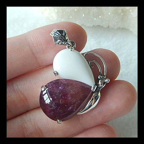 New Arrival!!! Sterling Silver 925 Tourmaline And White Agate Necklace Pendant, 28x21x9mm, 8.7g(f0782) - MyGemGarden