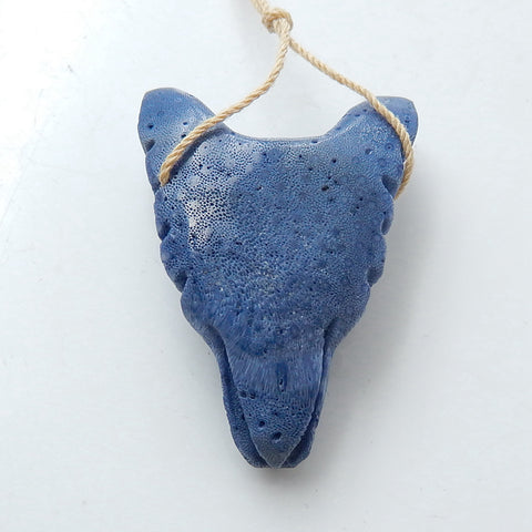 Handmade blue coral Carved Wolf Head Pendant Bead, 38x27x12mm, 10.5g - MyGemGarden