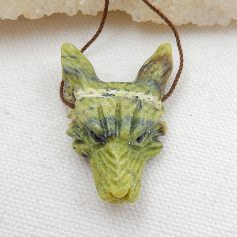 Handmade Serpentine Carved Wolf Head Pendant Bead, 38x25x12mm, 11g - MyGemGarden