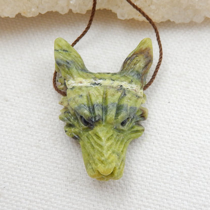 Handmade Serpentine Carved Wolf Head Pendant Bead, 38x25x12mm, 11g - MyGemGarden