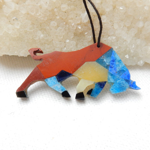 Red River Jasper, Blue Apatite Crystal, Lapis Lazuli, Yellow opal, Obsidian and Shell Glued Animal Pendant Bead, 30x18x2mm, 1.3g - MyGemGarden