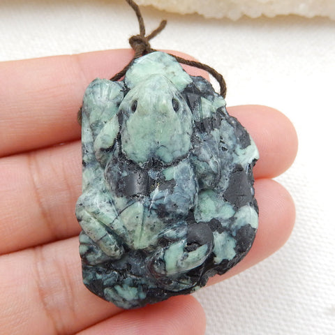 Hand Carved Gemstone Green Turquoise Frog Pendant , 40x27x15mm, 15.7g - MyGemGarden