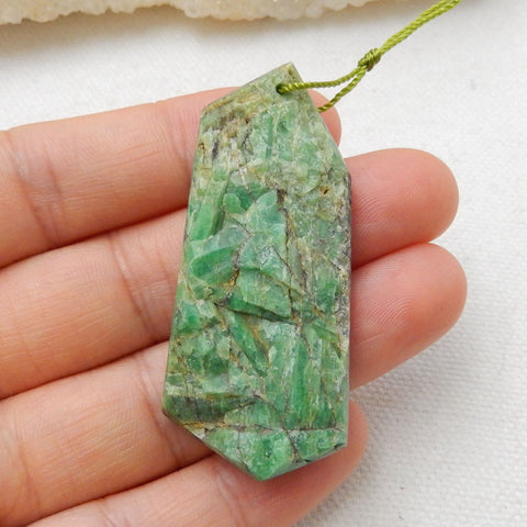 Natural Emerald Green Drilled Gemstone Pendant Bead, 51x22x6mm, 11.7g - MyGemGarden