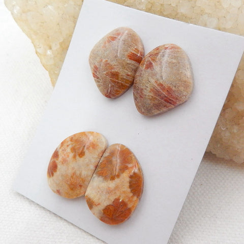 Sale 2 Pairs Indonesian Fossil Coral Gemstone Cabochons, 22x17x6mm, 22x15.5x6mm, 12.3g - MyGemGarden