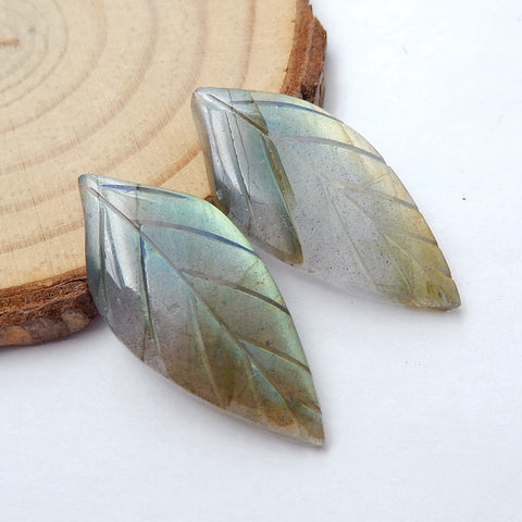 Hand Carved Natural Labradorite Leaf Gemstone Cabochon Pair, 30x13x4mm, 4.6g - MyGemGarden