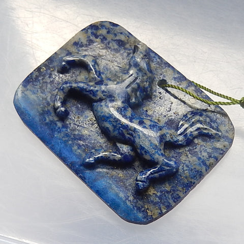 Carved Lapis Lazuli Gemstone Horse Pendant Bead, Running Horse Pendant, 52x38x9mm, 27.26g - MyGemGarden