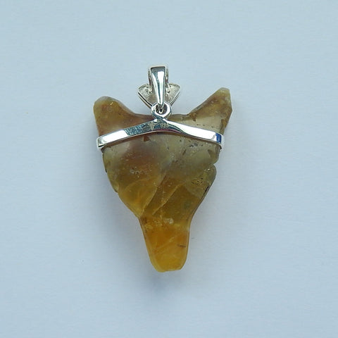 Yellow Opal Carved Wolf Head Necklace Pendant, 925 Sterling Silver Pinch Bail, 33x26x11mm, 9.6g - MyGemGarden