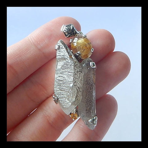 New Design, Handmade Jewelry Silver 925 Nugget Quartz And Gold Rutilated Quartz Necklace Pendant, 37x16x13mm, 13.2g(f0810) - MyGemGarden