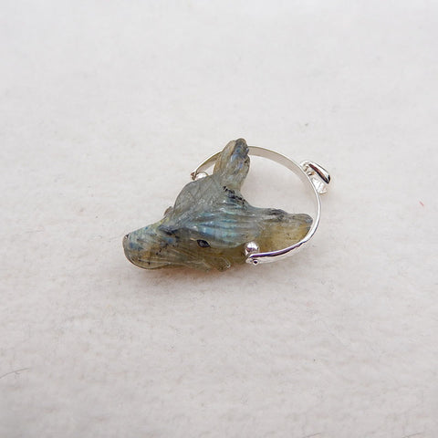 Natural Labradorite Carved wolf head Pendant with 925 Sterling Silver 24x18x8mm, 4.5g