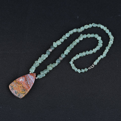 Natural Prehnite With Silver Beads Gemstone Necklace, Ocean Jasper Pendant, Handmade Jewelry, 1 Strand, 24 inch, 92g