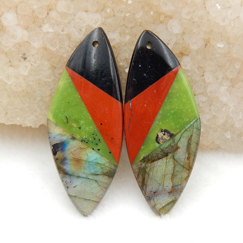 Labradorite, Red River Jasper, Obsidian, Serpentine Glued Earrings Stone Pair, 40x16x5mm, 8.9g