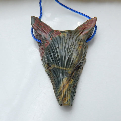 Handmade Multi-Color Picasso jasper Carved Wolf Head Pendant Bead, 40x28x10mm, 7.1g - MyGemGarden