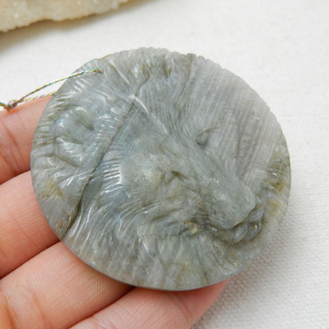 Handmade Carved Lion head Labradorite Gemstone Pendant, 55x7mm, 36.9g - MyGemGarden