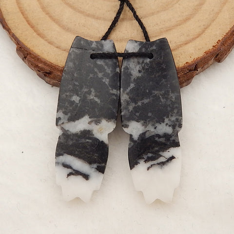 White Zabra Jasper Carved Feather Shaped Earrings Stone Pair, 35x15x3mm, 5.5g