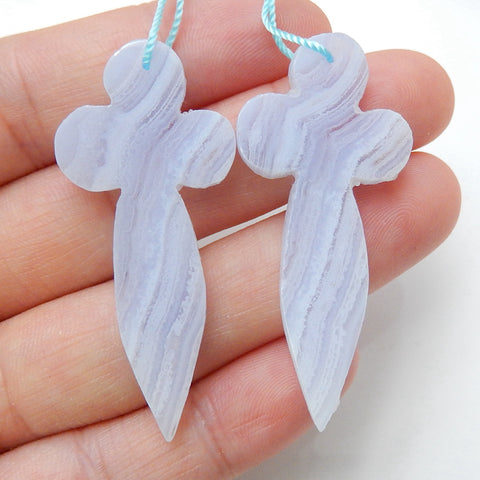 Natural Blue Lace Agate Heart Earrings Pair, stone for Earrings making, 46x20x4mm, 8.14g - MyGemGarden