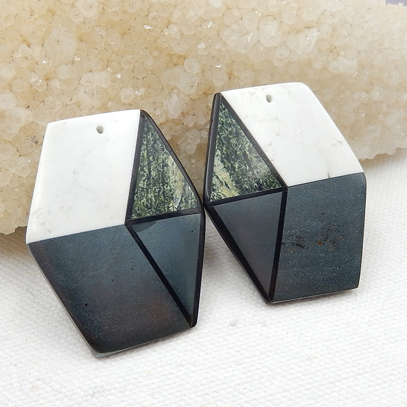 Howlite, Hematite, Obsidian And Green Zabra Jasper Glued Gemstone Earrings Stone Pair, 41x33x4mm, 30.2g - MyGemGarden