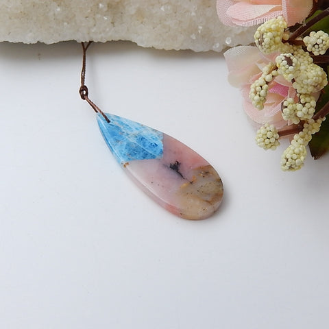 Natural Pink Opal And Blue Apatite Crystal Pendant Bead, 41x17x4mm, 4.5g - MyGemGarden