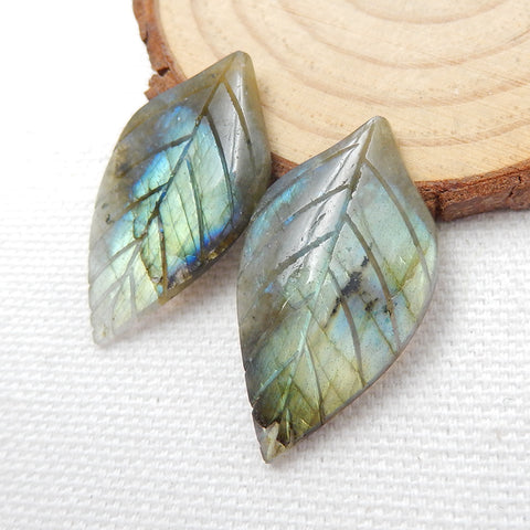 Hand Carved Natural Labradorite Leaf Gemstone Cabochon Pair, 32x18x4mm, 5.7g - MyGemGarden