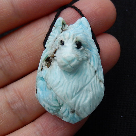 Unique larimar Handmade carved wolf head pendant bead, 34x21x17mm, 11.6g - MyGemGarden