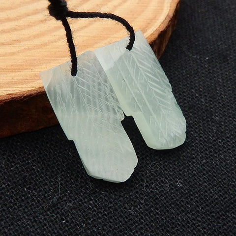 Jade Carved Feather Shaped Earrings Stone Pair, 22x11x4mm, 3.7g