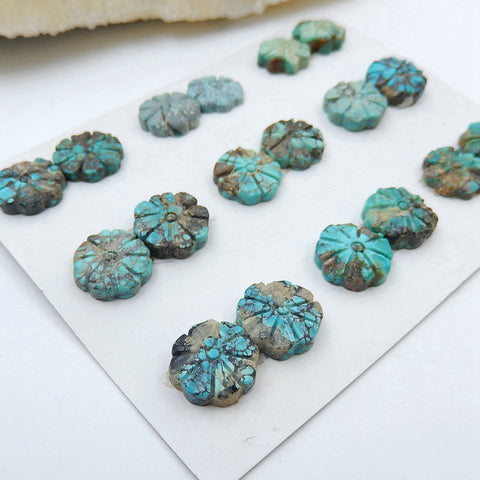 9 pair Turquoise Carved Flowers Cabochon Pairs, 12x4mm, 12x5mm, 18.5g - MyGemGarden