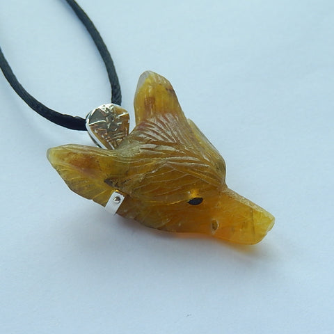 Yellow Opal Carved Wolf Head Necklace Pendant, 925 Sterling Silver Pinch Bail, 33x26x11mm, 9.6g - MyGemGarden