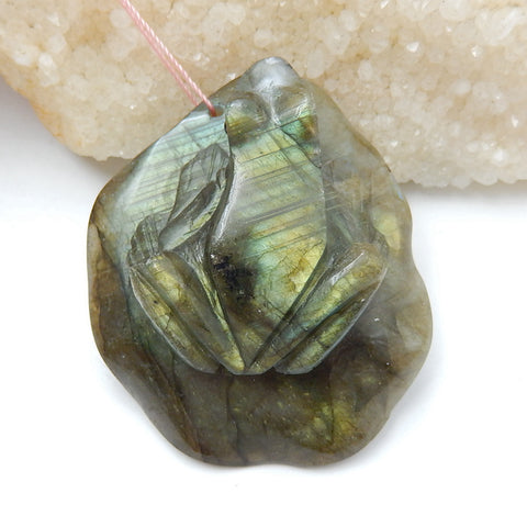 Natural Labradorite Carved Frog Pendant, 61x52x21mm, 67.1g - MyGemGarden