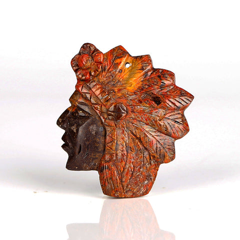 Handmade Warring States Red Agate Carved Indian Head Gemstone Pendant Bead, 49x43x9mm, 24.1g - MyGemGarden