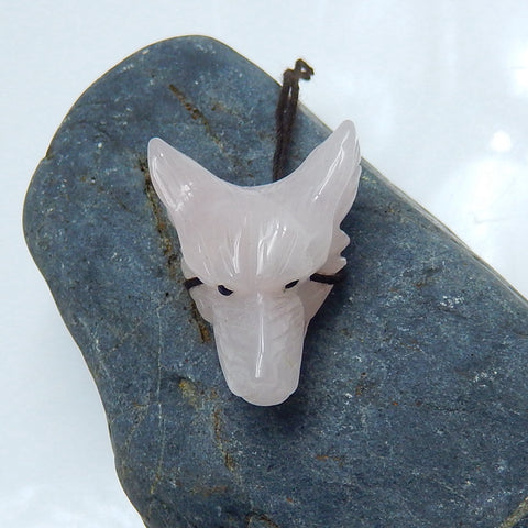 Rose Quartz Carved Wolf Head Pendant Bead, 31x23x13mm, 8.5g - MyGemGarden