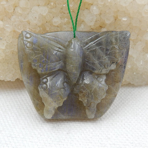 Handmade Labradorite Butterfly Pendant, Animal Carving, 37x30x8mm, 14.4g - MyGemGarden