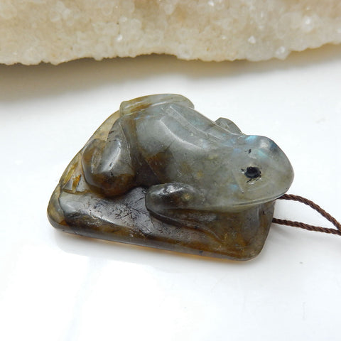 Handmade Labradorite Frog Pendant, Animal Carving, 35x29x17mm, 21.3g - MyGemGarden