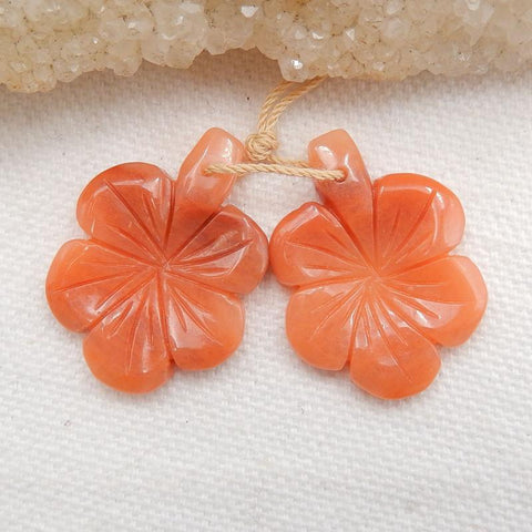 Red Aventurine Carved flower Earrings Stone Pair, stone for earrings making, 28x21x3mm, 5.5g - MyGemGarden