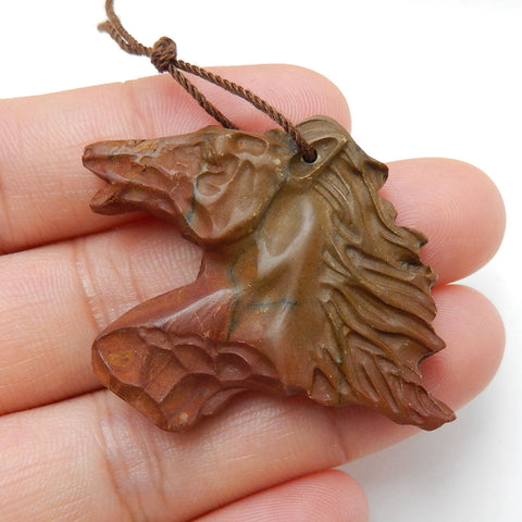 Carved Gemstone Multi-Color Picasso jasper Horse Head Pendant , 34x28x6mm, 9.7g - MyGemGarden