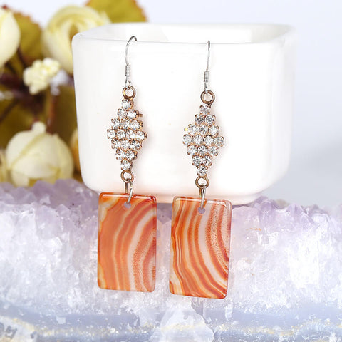 Orange stripe Agate Rectangle stone earrings Dangle earrings, 25x25x2mm, 6.1g - MyGemGarden